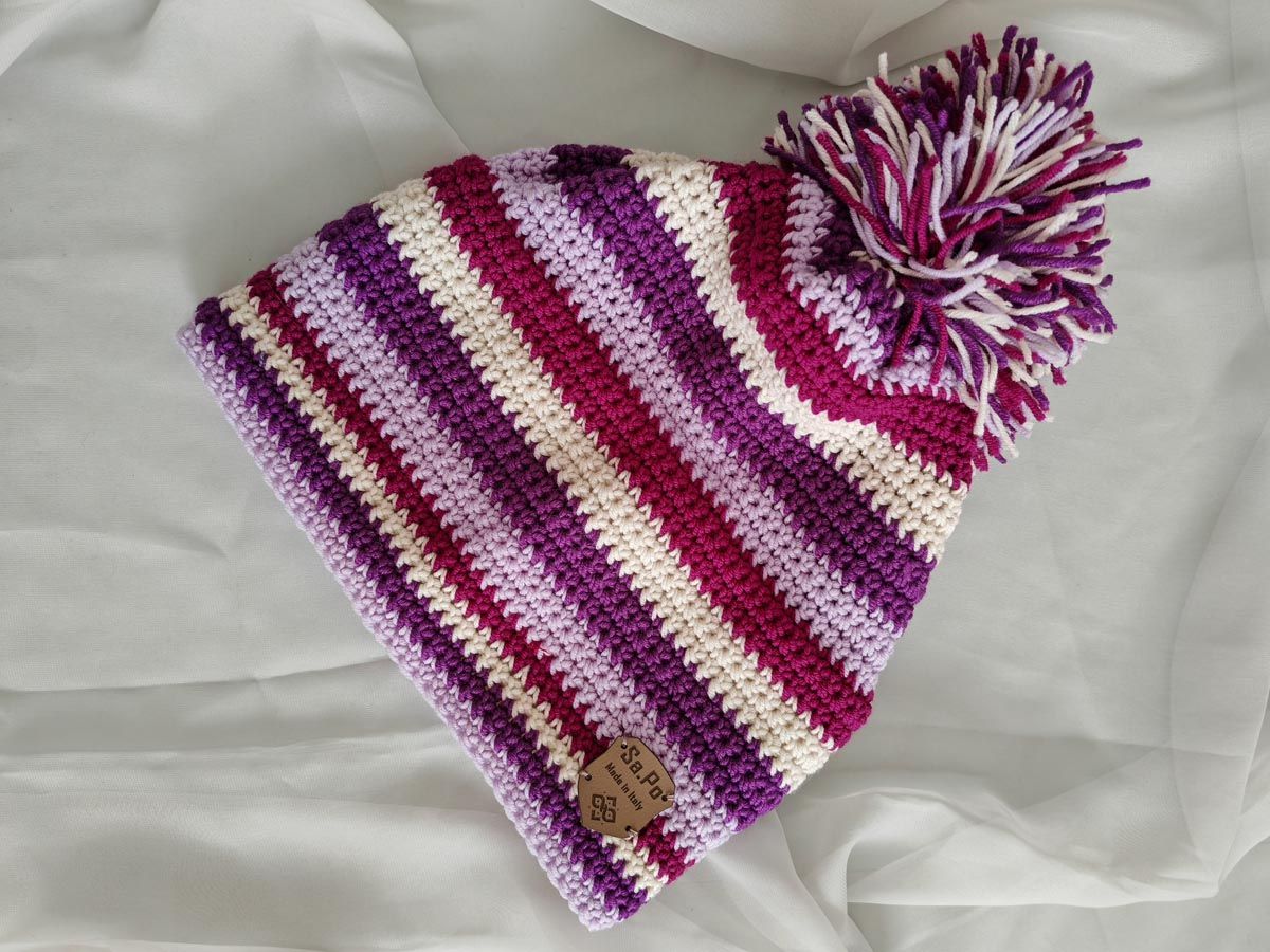 Crochet Beanie – Cuffia Uncinetto - Height  23 CM X CIRC. 54 CM - Righe viola