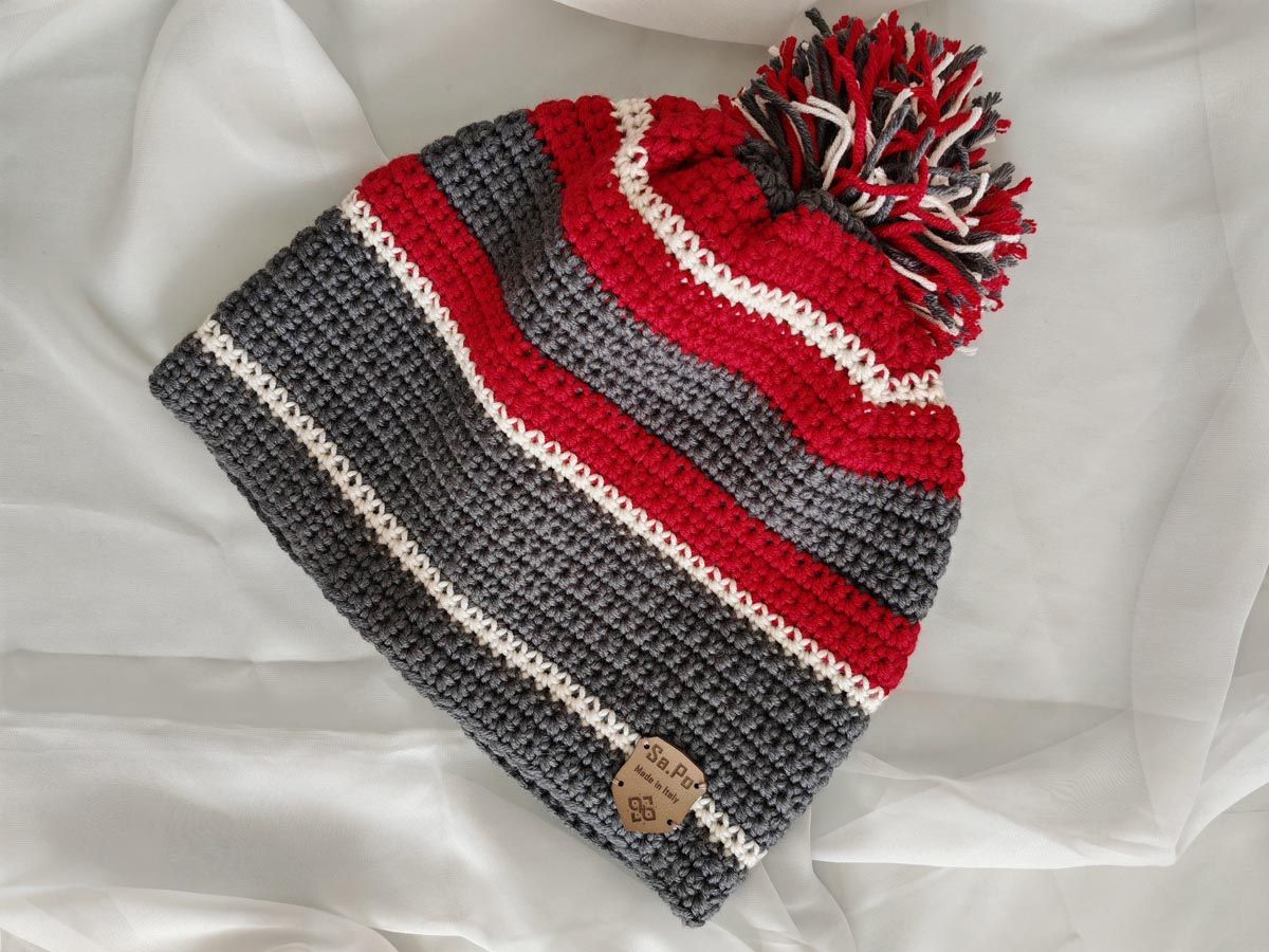 Crochet Beanie – Cuffia Uncinetto - Height  23 CM X CIRC. 58 CM - Righe rosso