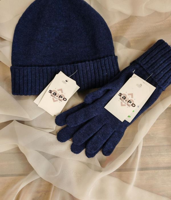 Guanti 100% lana merinos + Cuffia 100% lana merinos - Blu melange
