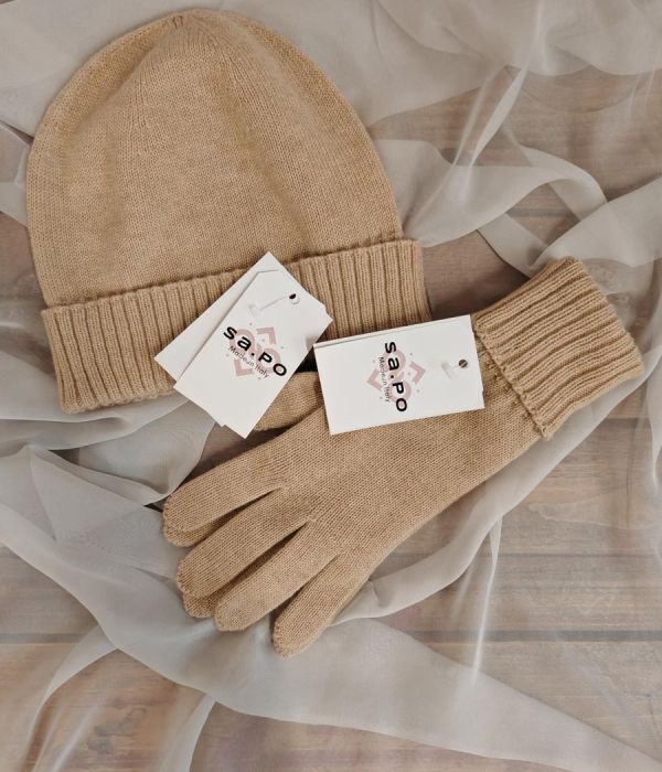 Guanti 100% lana merinos + Cuffia 100% lana merinos - Beige