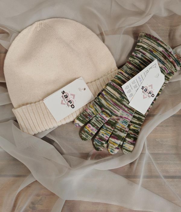 Guanti 100% cashmere - fiammato panna e verde + Cuffia 100% lana merinos - Panna