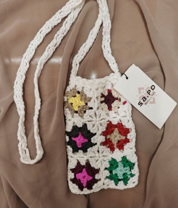 Portacellulare cotone riciclato lavorazione ad uncinetto - bianco