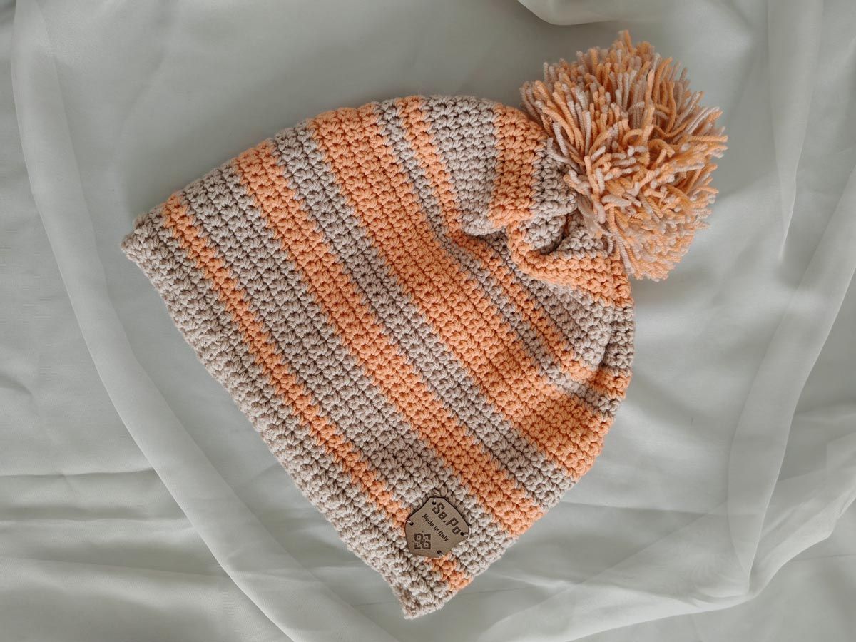 Crochet Beanie – Cuffia Uncinetto - Height  23 CM X CIRC. 54 CM - Righe arancio