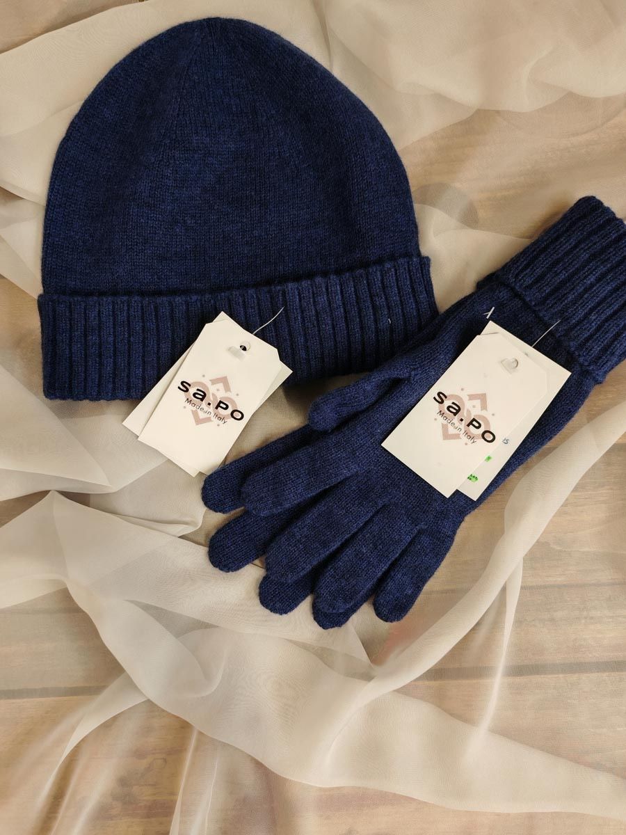 Guanti 100% lana merinos + Cuffia 100% lana merinos - Blu melange